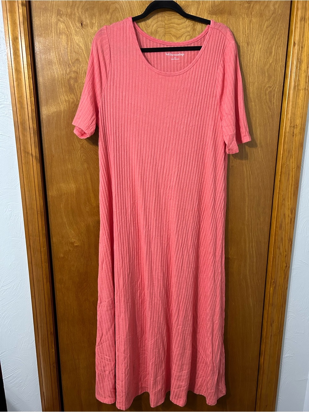 Soft Surroundings Coral Pink Ribbed Short-Sleeve Maxi Dress